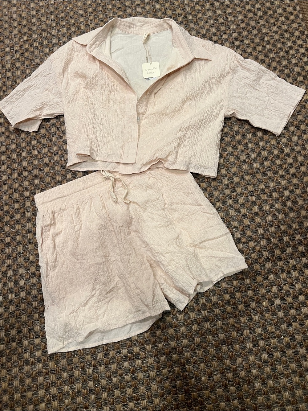 Roolee cream  Pink Crinkle Button-Front Short Set large